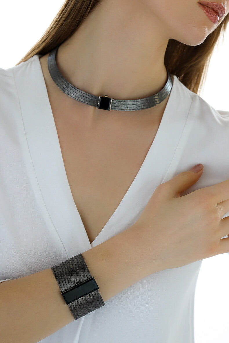 Elizi Trabzon Hasırı Titanyum Set - 13 Sıra Bilezik 5 Sıra Gerdanlık Oniks