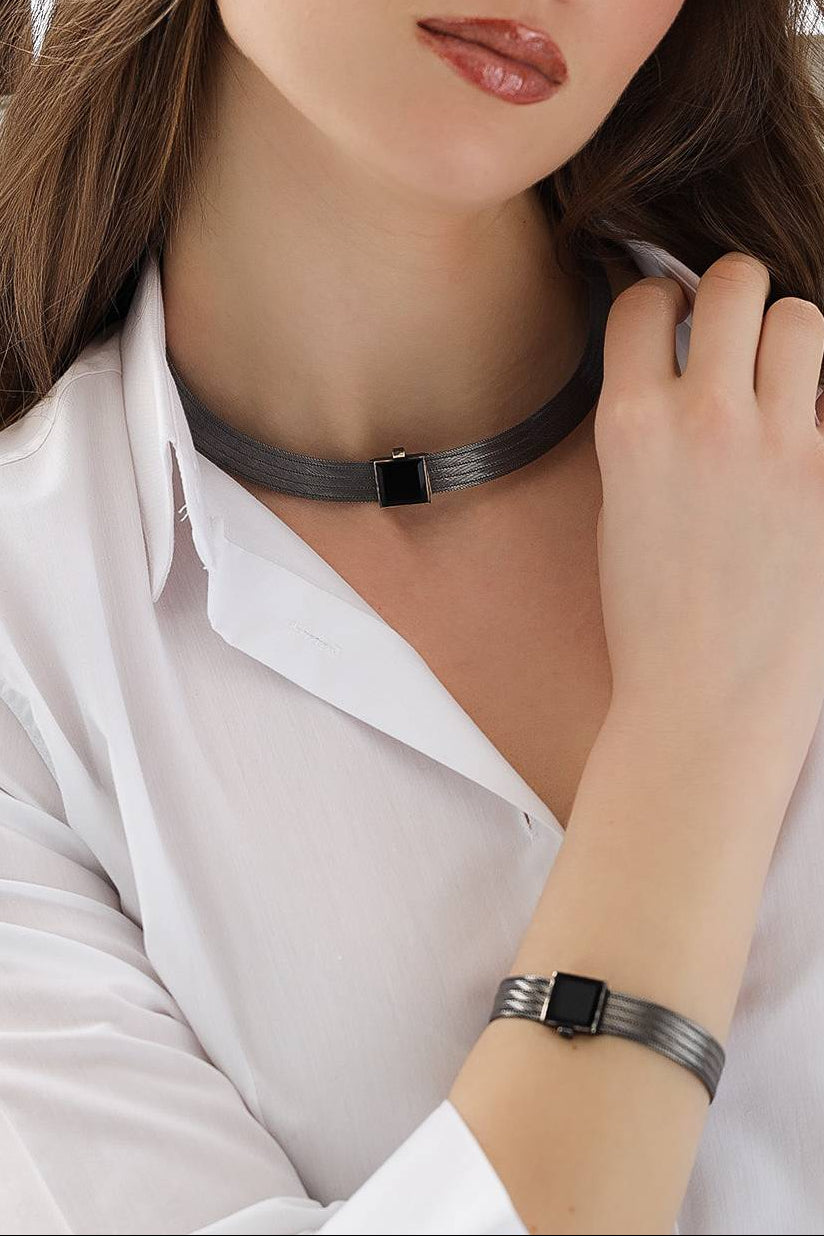 Trabzon Hasırı Titanyum Set - 5 Sıra Bilezik 5 Sıra Gerdanlık Oniks