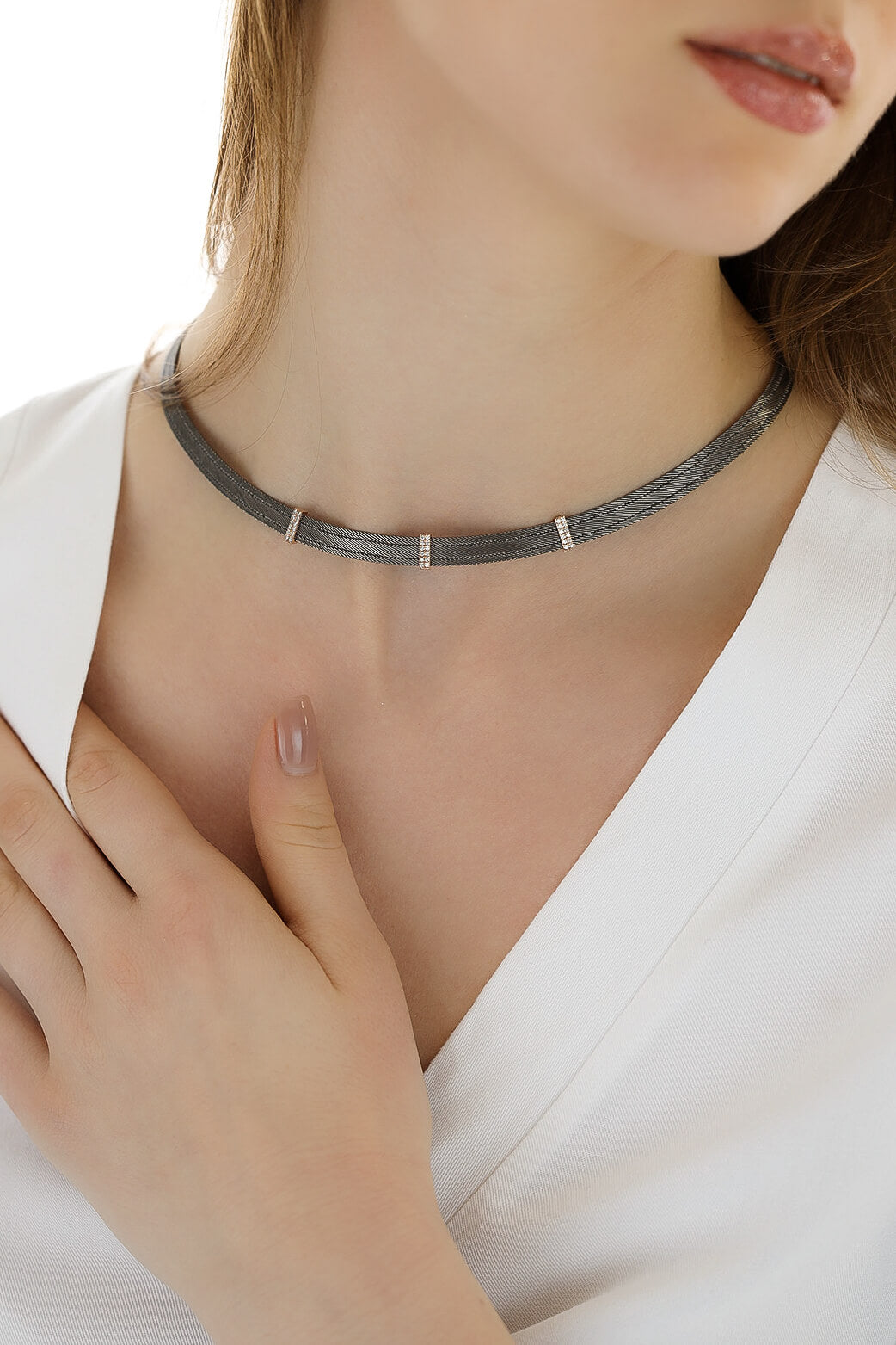 Elizi Trabzon Hasırı Titanyum Altın Set - 3 Sıra Dilara