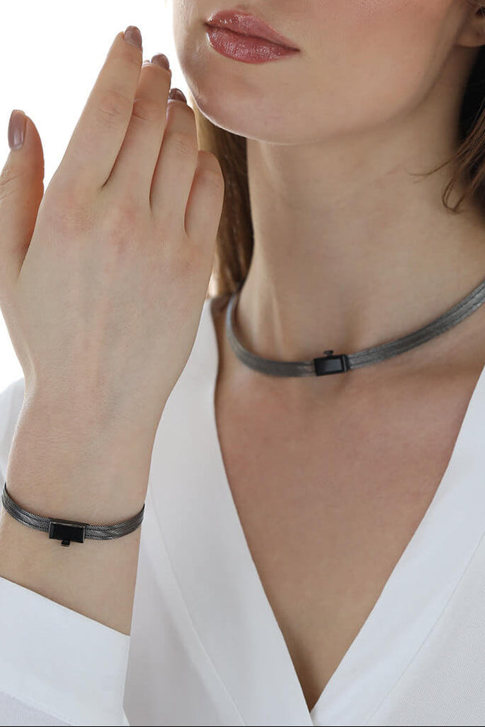 Elizi Trabzon Hasırı Titanyum Set - 3 Sıra Oniks