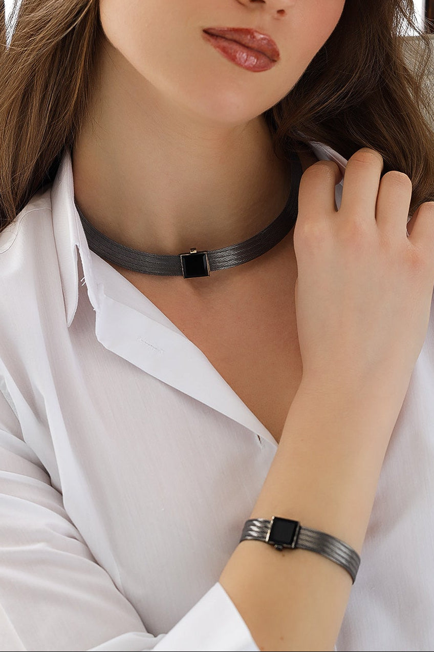Trabzon Hasırı Titanyum Set - 5 Sıra Bilezik 5 Sıra Gerdanlık Oniks