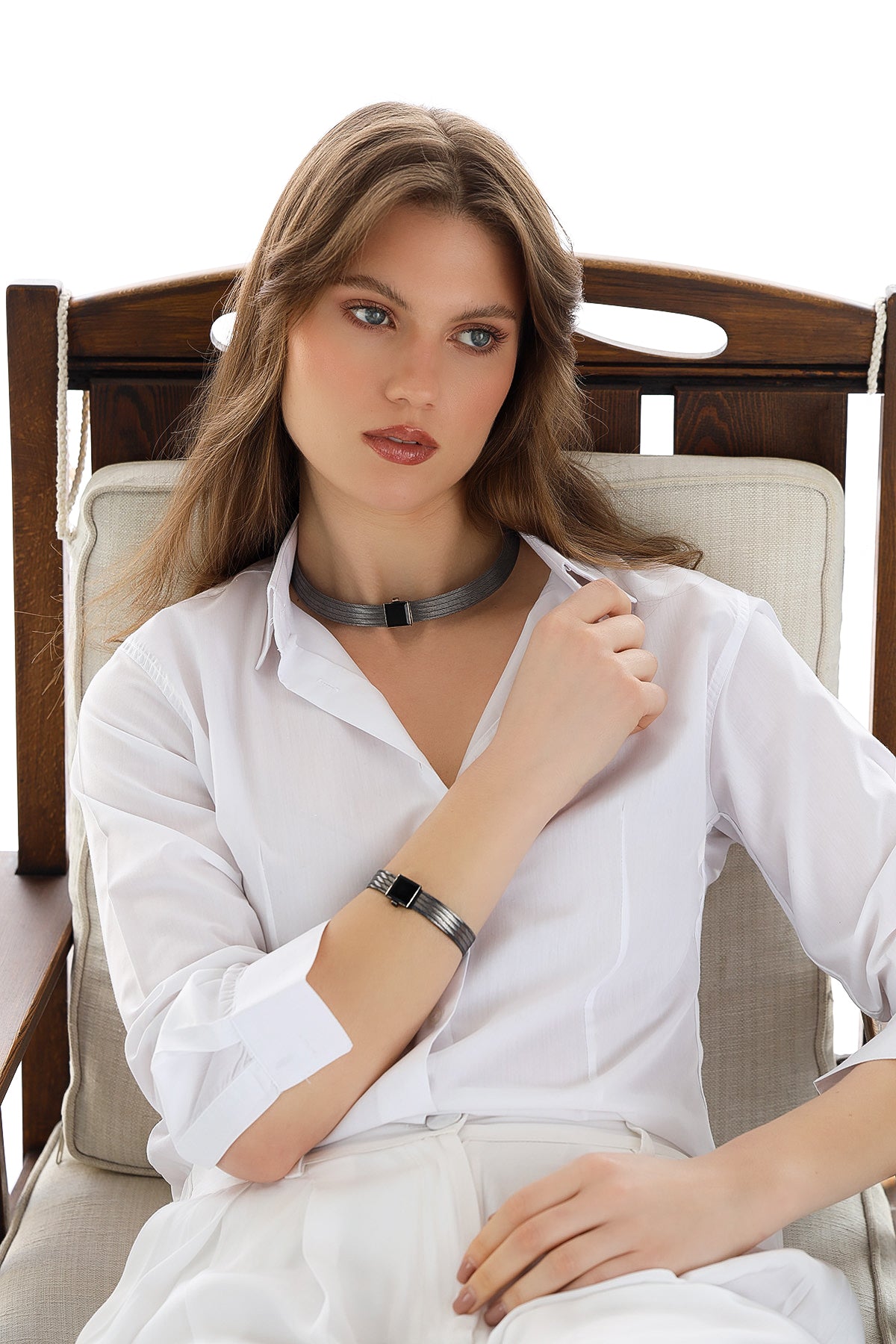 Trabzon Hasırı Titanyum Set - 5 Sıra Bilezik 5 Sıra Gerdanlık Oniks