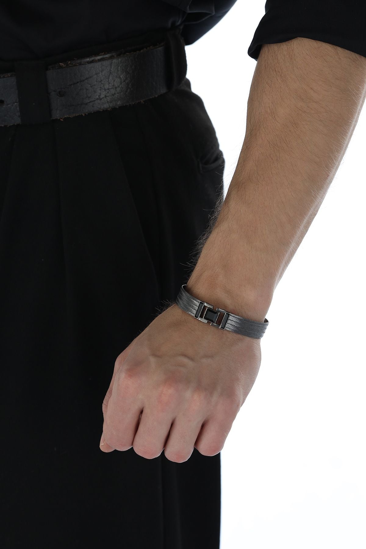 Elizi Trabzon Hasırı Titanyum Erkek Bileklik - 5 Sıra Oniks