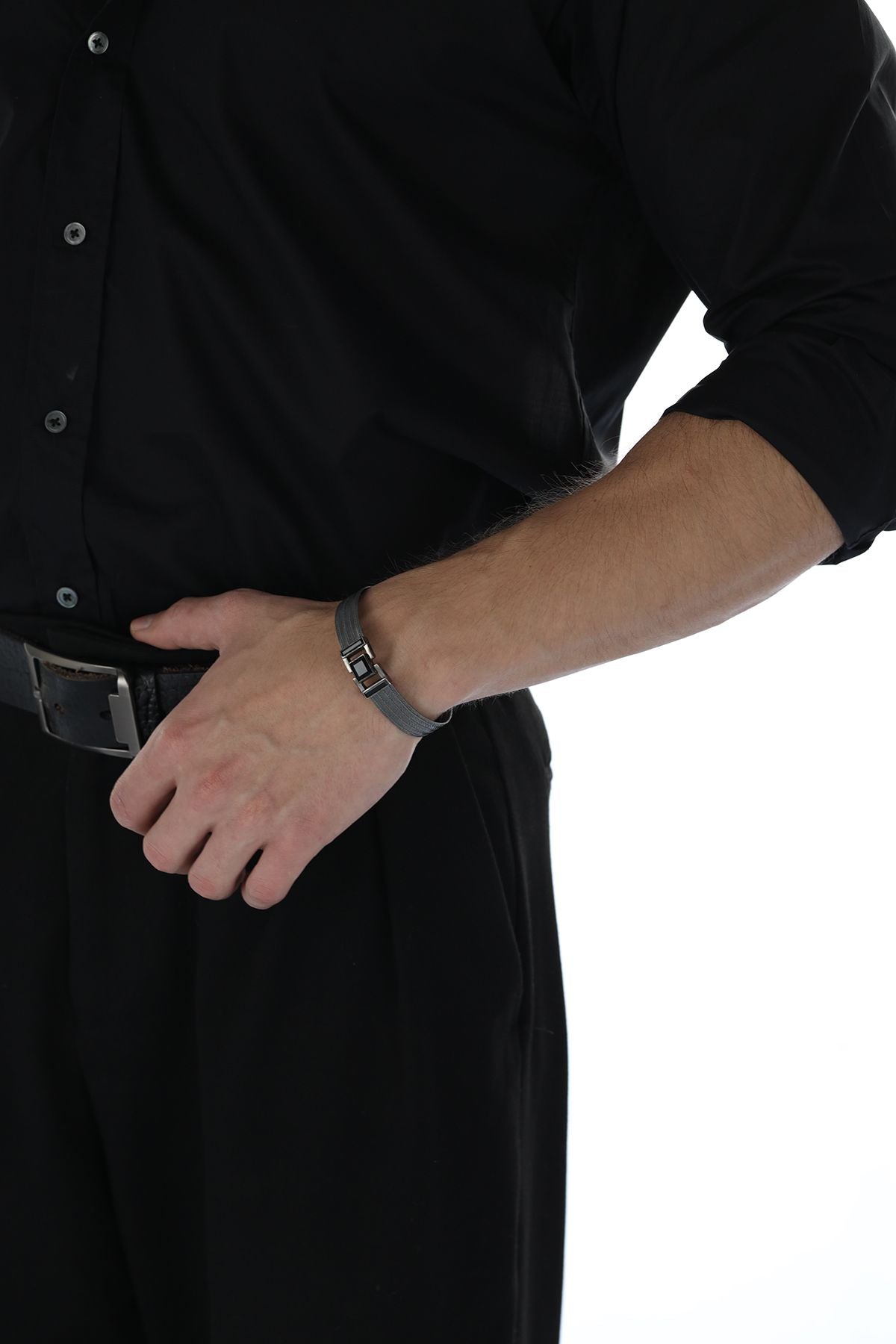 Elizi Trabzon Hasırı Titanyum Erkek Bileklik - 5 Sıra Oniks