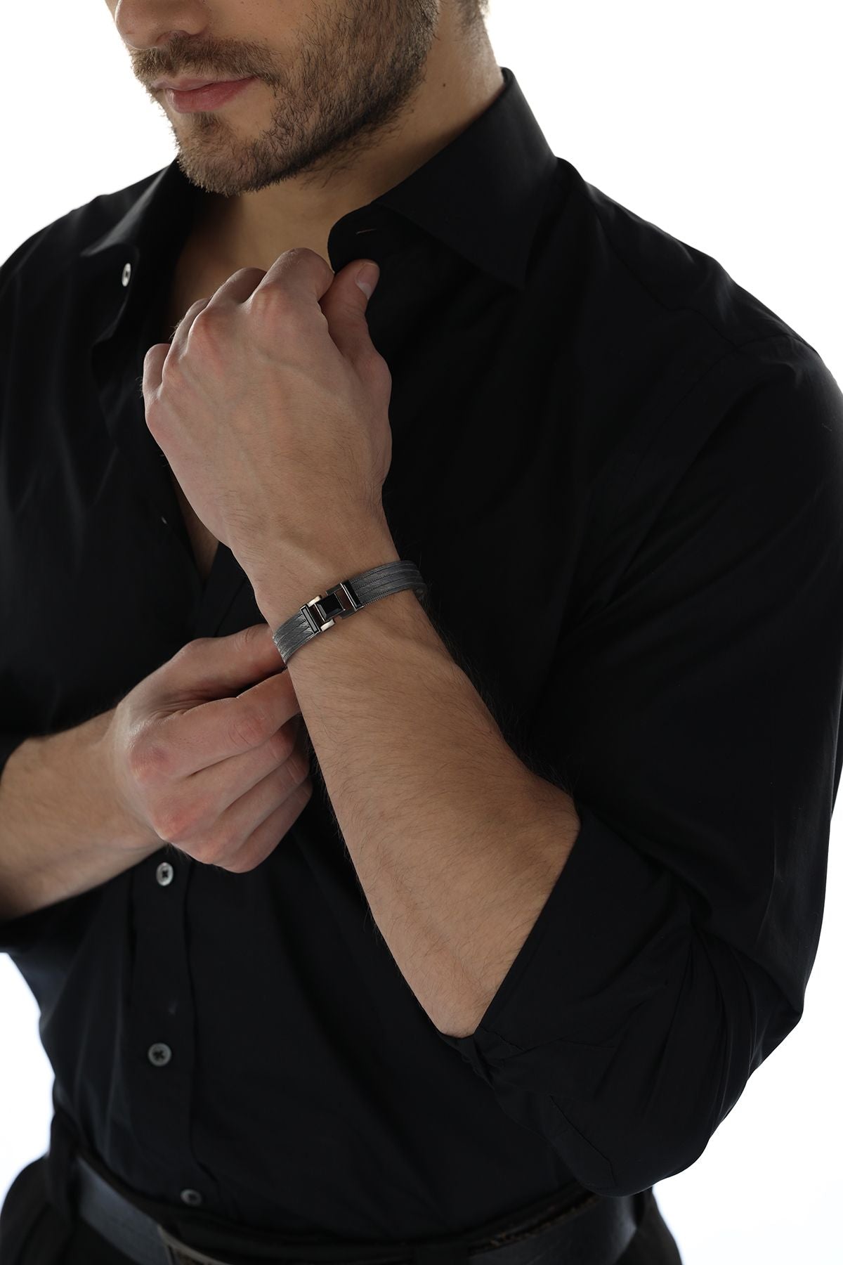 Elizi Trabzon Hasırı Titanyum Erkek Bileklik - 5 Sıra Oniks