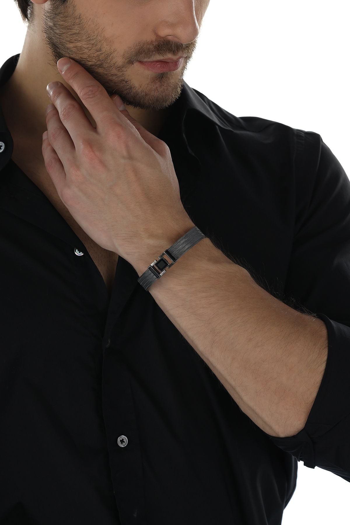Elizi Trabzon Hasırı Titanyum Erkek Bileklik - 5 Sıra Oniks