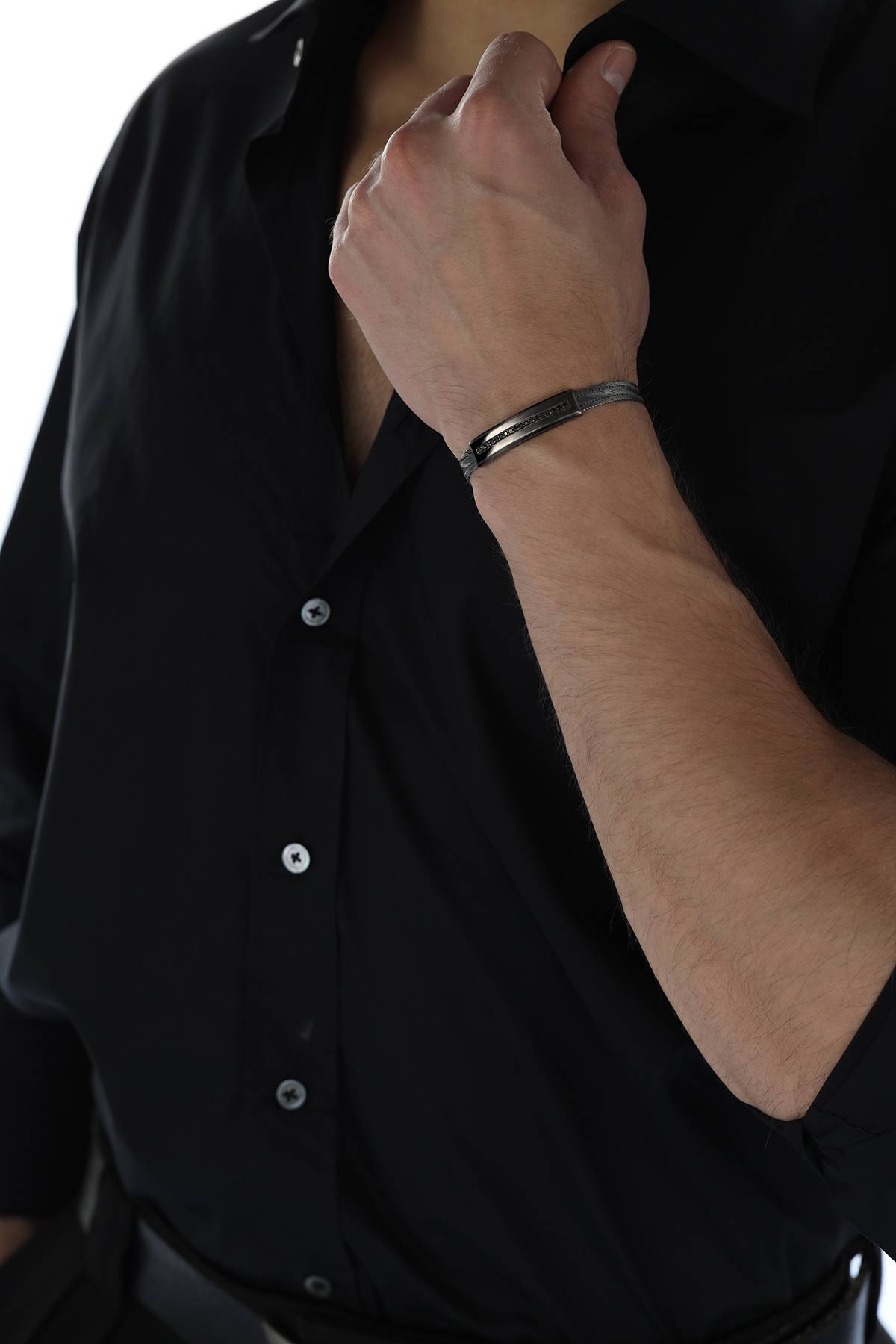 Elizi Trabzon Hasırı Titanyum Erkek Bileklik - 3 Sıra Siyah Pırlanta