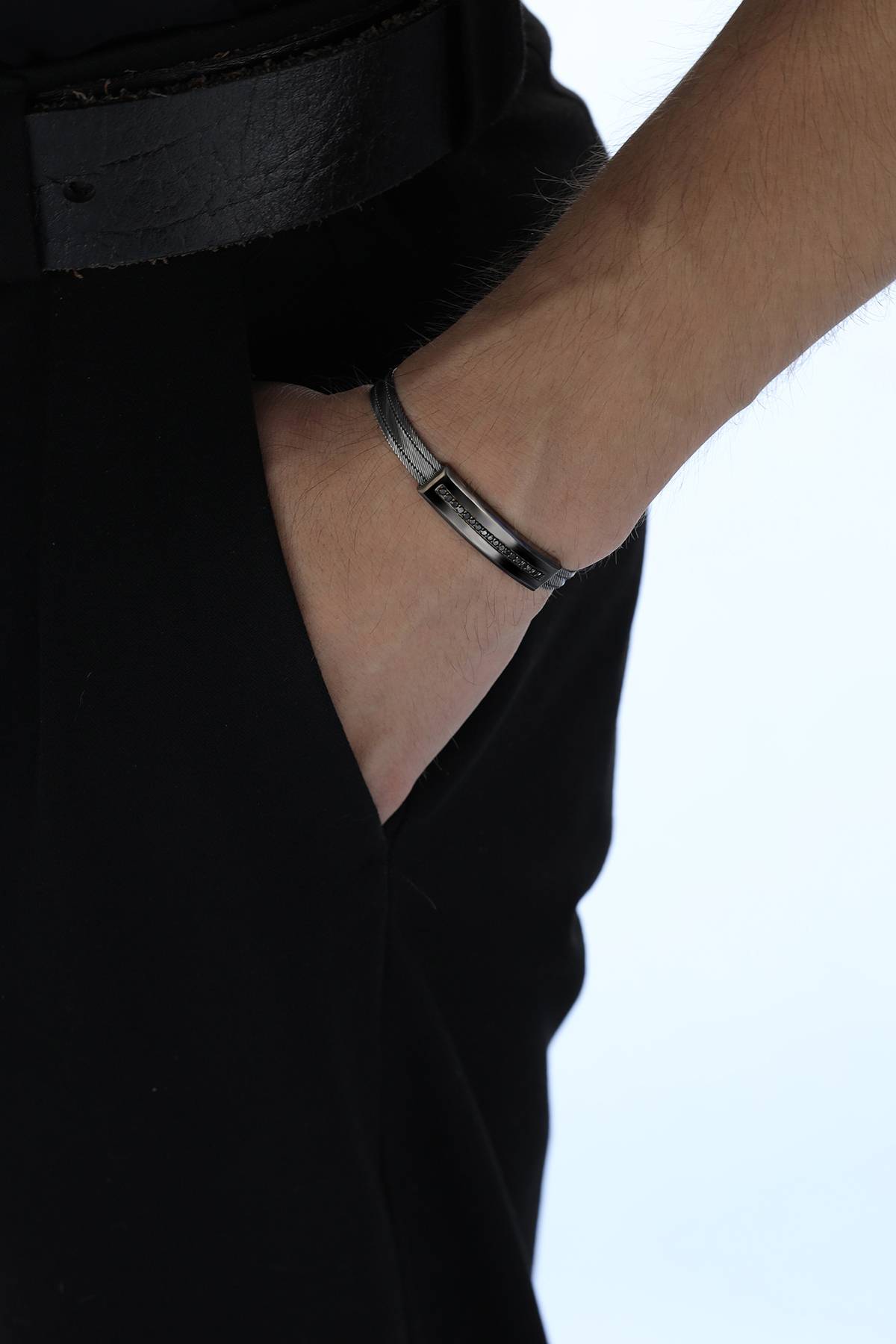 Elizi Trabzon Hasırı Titanyum Erkek Bileklik - 3 Sıra Siyah Pırlanta