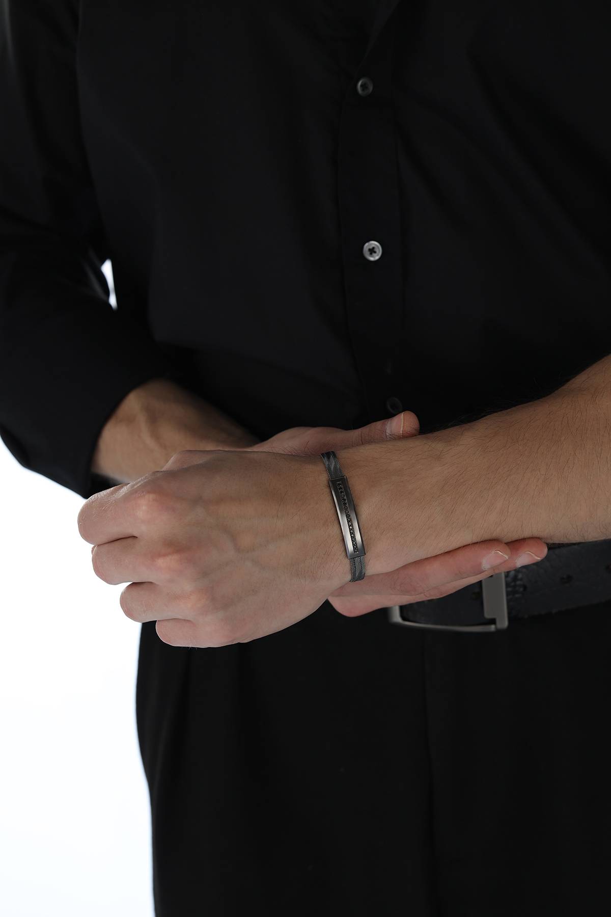 Elizi Trabzon Hasırı Titanyum Erkek Bileklik - 3 Sıra Siyah Pırlanta